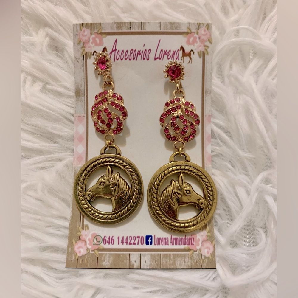 Gold horse head, pink diamond flower cowgirl earrings
